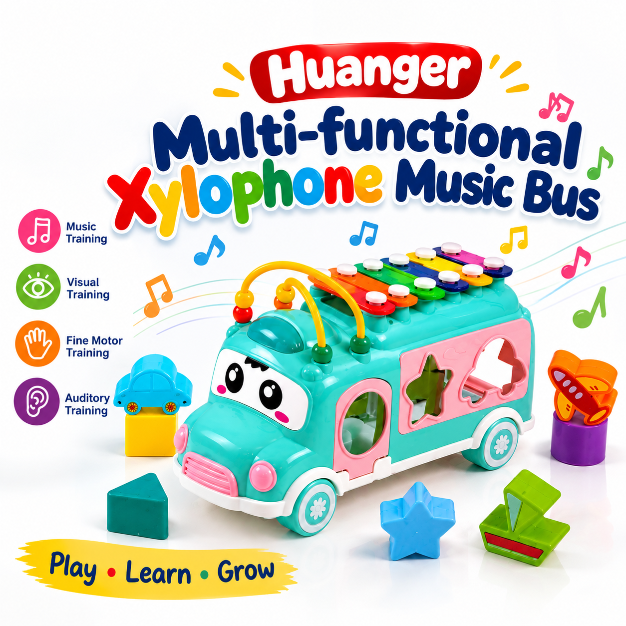 Huanger Multi-functional Xylophone Music Bus – Shape Sorter & Bead Maze Educational Toy for Kids
